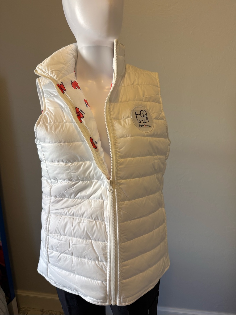 Women's White Quilted Puffer Vest with Puppie Love Logo - Lightweight Layering